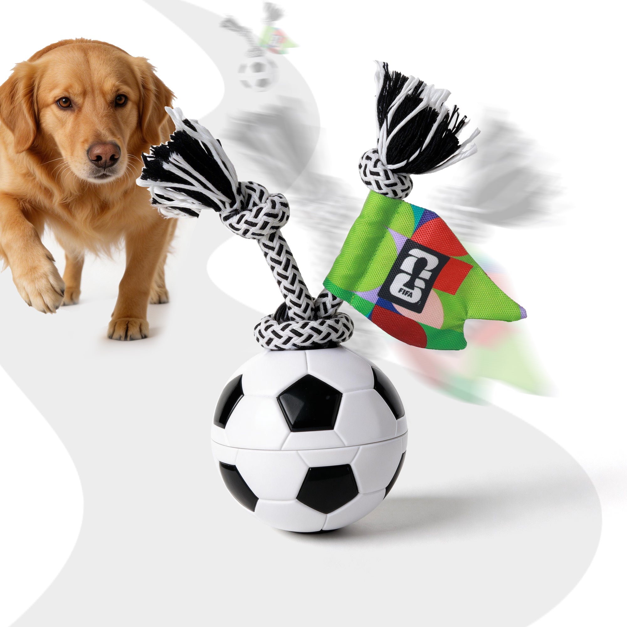 Dog toy resembling a soccer ball with a rope and flag, next to a dog on a white background
