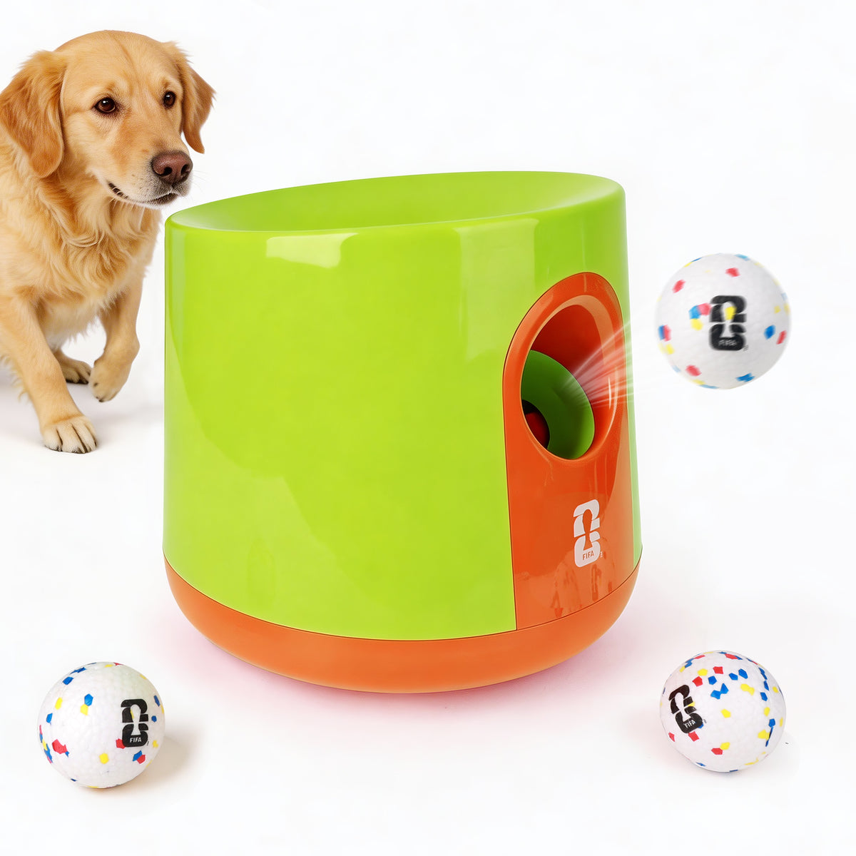 Dog toy dispenser with colorful balls and a dog on a white background
