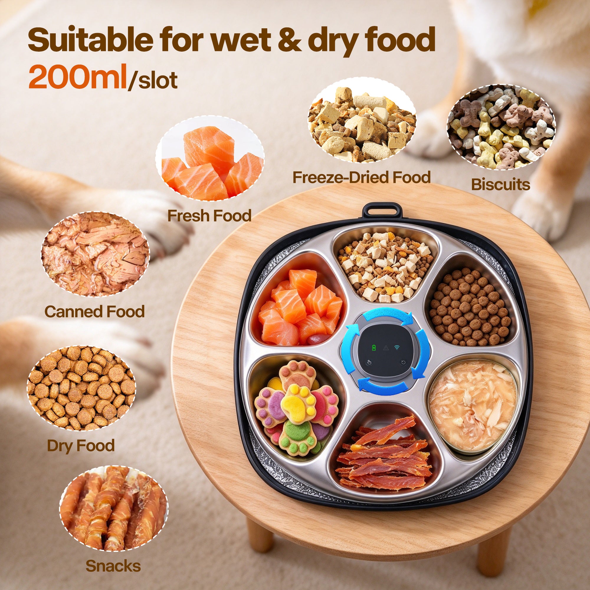 A 200ml multi-compartment pet food tray shown on a wooden stool, with labeled insets showing it suitable for wet and dry food, fresh food, freeze-dried food, biscuits, canned food, dry food, and snacks. A dog's paws are faintly visible in the background.