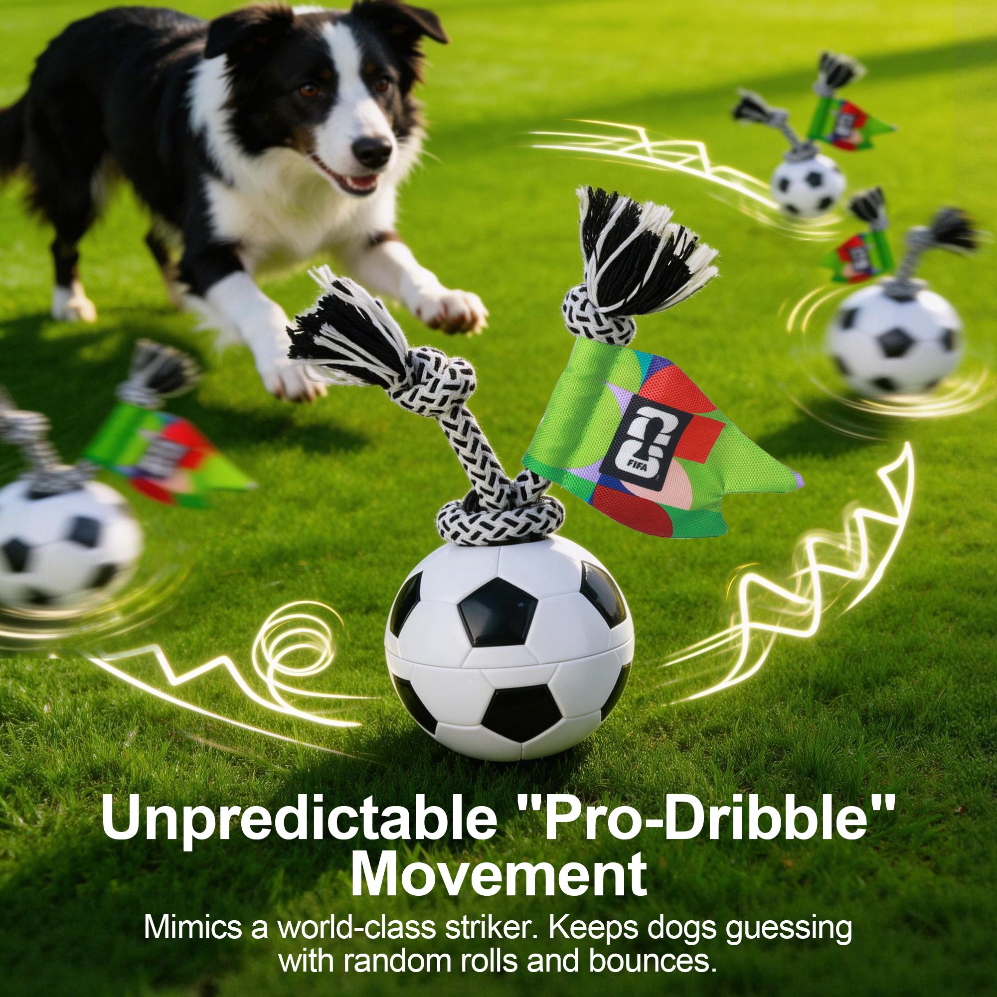 Dog toy resembling a soccer ball with rope and flags on grass, text about unpredictable movement.