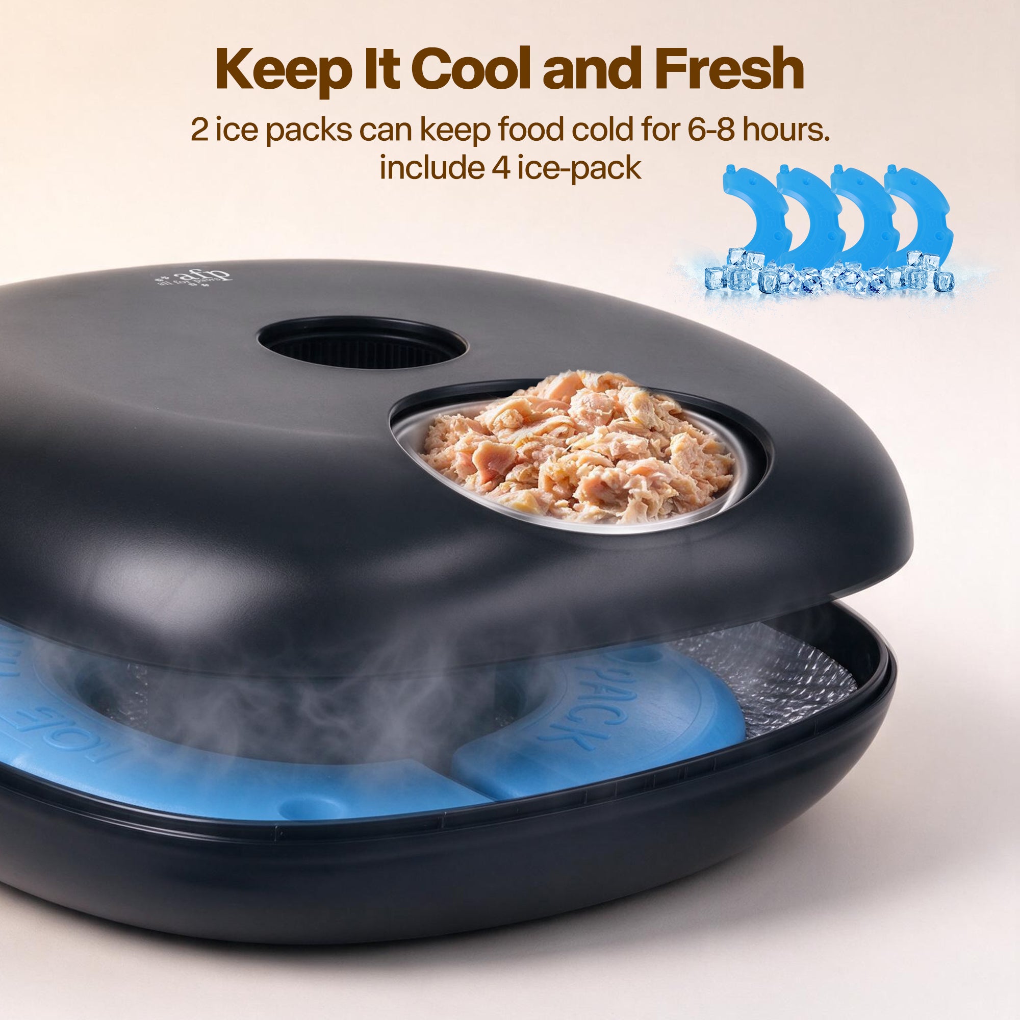 A black countertop food cooler with a hinged lid, shown open with blue ice packs inside and steam rising. A bowl of wet pet food sits in a circular opening on the lid.