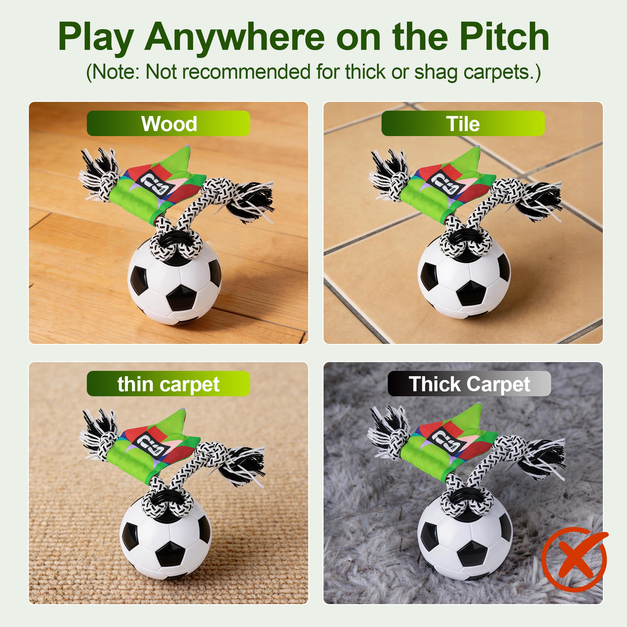 Soccer ball with a rope and toy on various flooring types, indicating where it can be played.