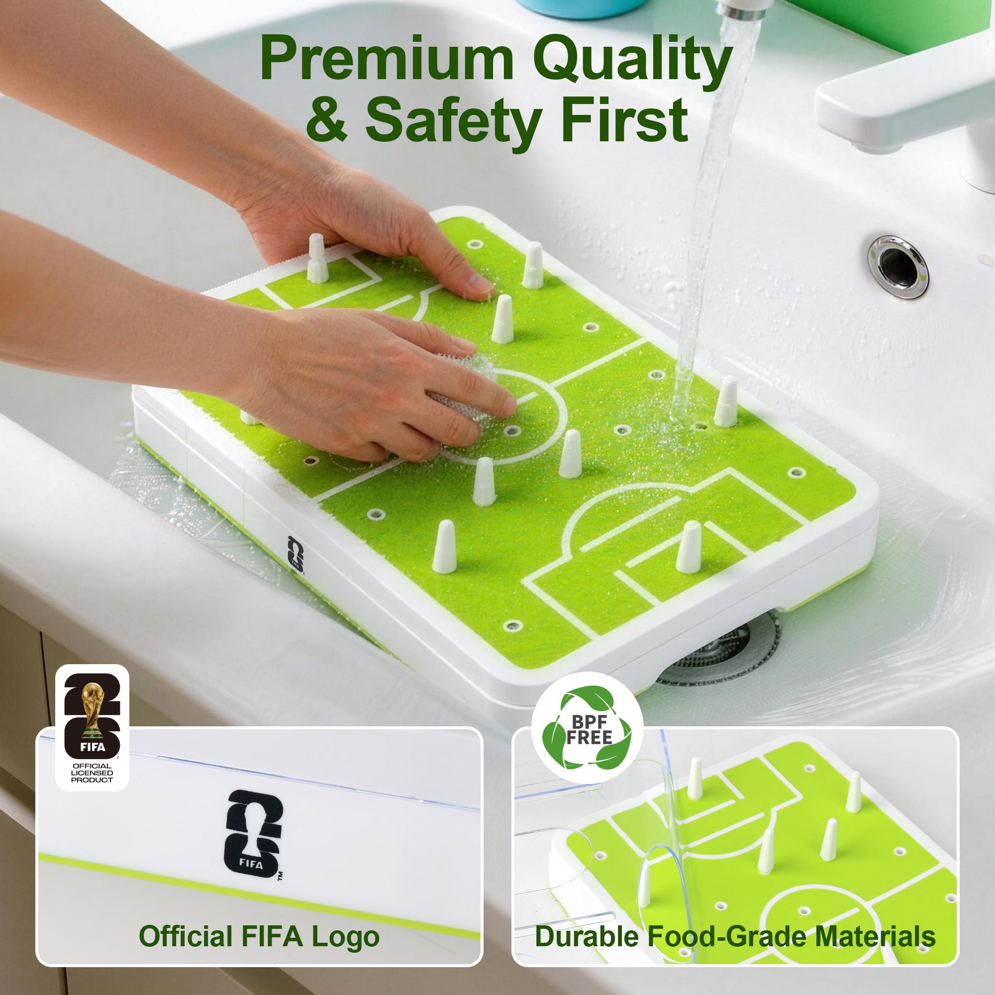 Green and white sports training board with hands on a sink, labeled 'Premium Quality & Safety First'.