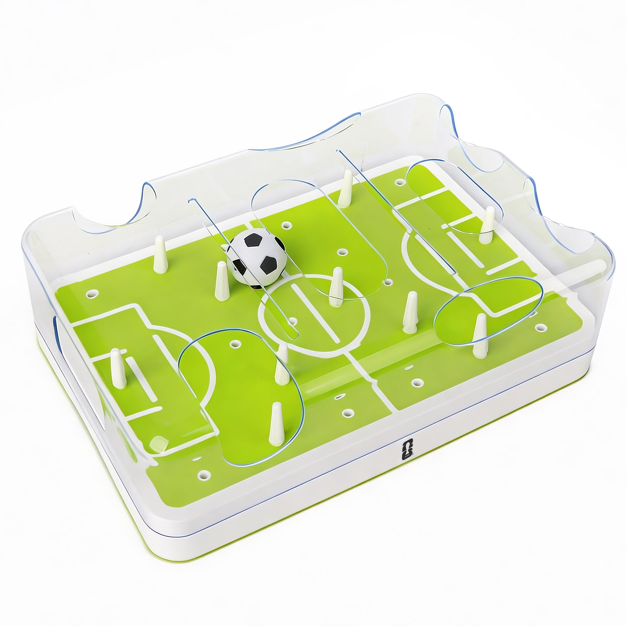 Tabletop soccer game with a ball on a green field layout.