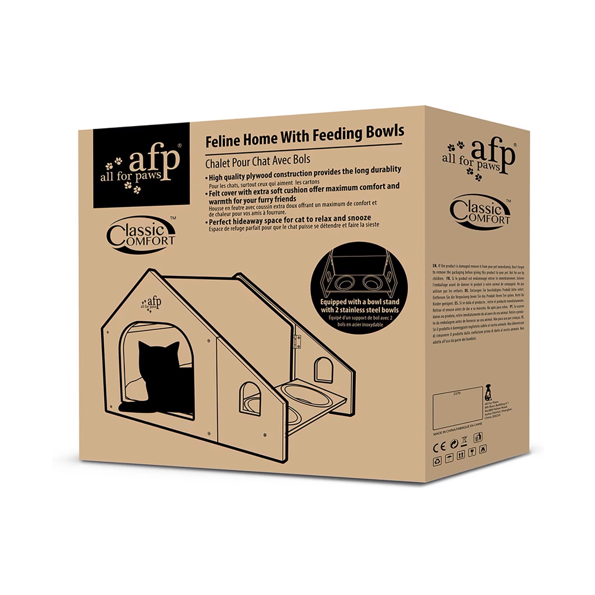 AFP Classic Comfort Feline Home With Feeding Bowls | Wooden Indoor Cat Shelter with Plush Cushion & Built-in Stainless Steel Food Water Bowls