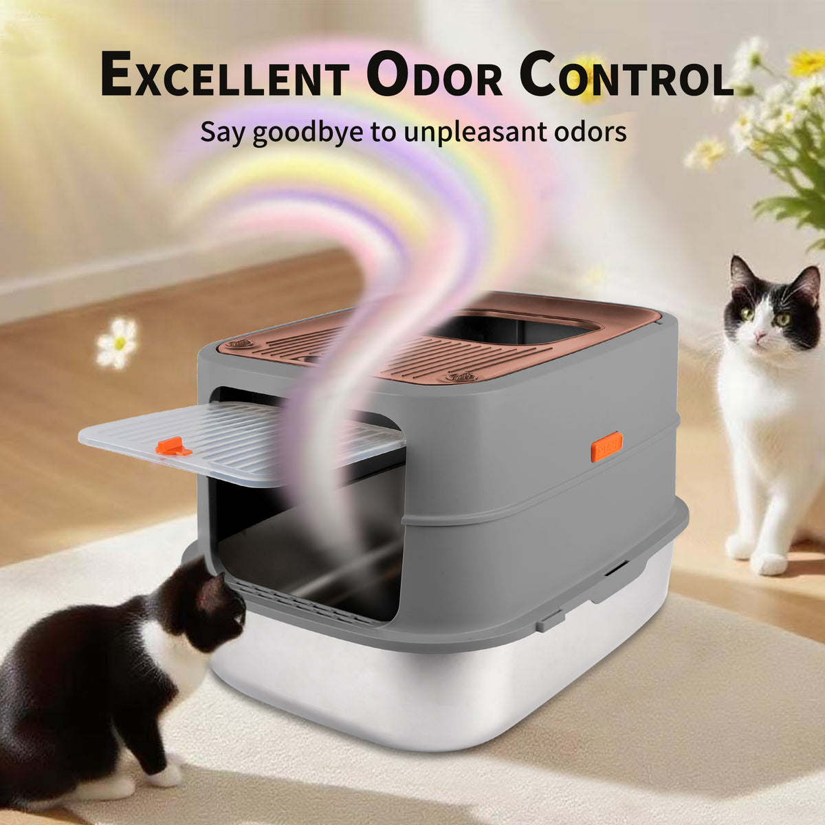Go Fresh - Cat Litter Box - 2 Entries Hooded Cat Litter Box With Stainless Steel Base