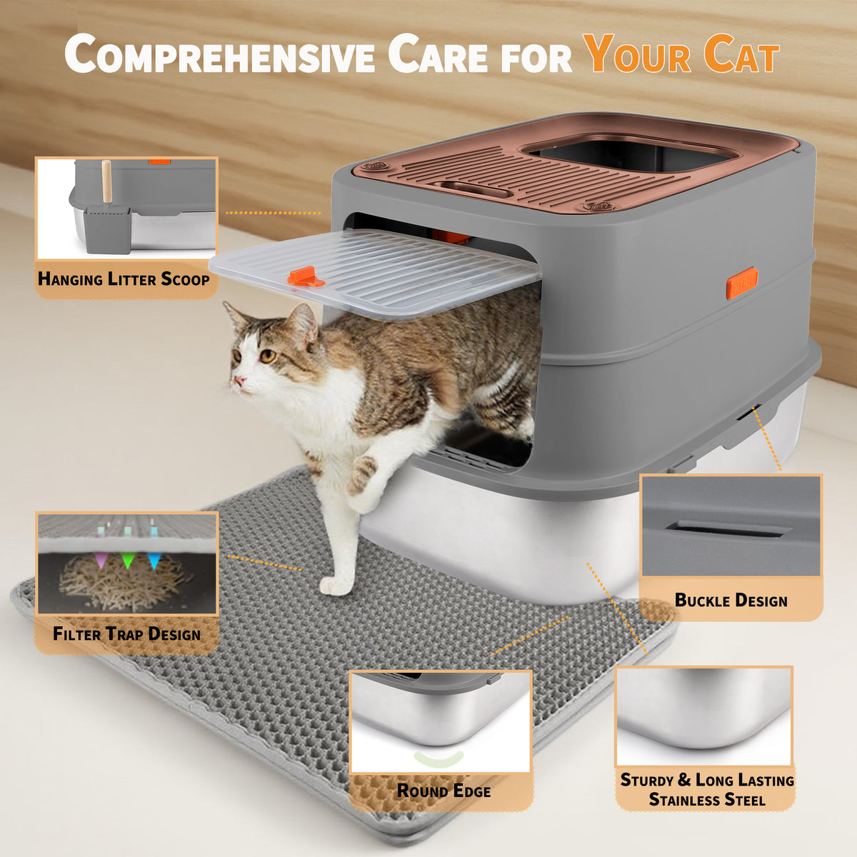 Go Fresh - Cat Litter Box - 2 Entries Hooded Cat Litter Box With Stainless Steel Base