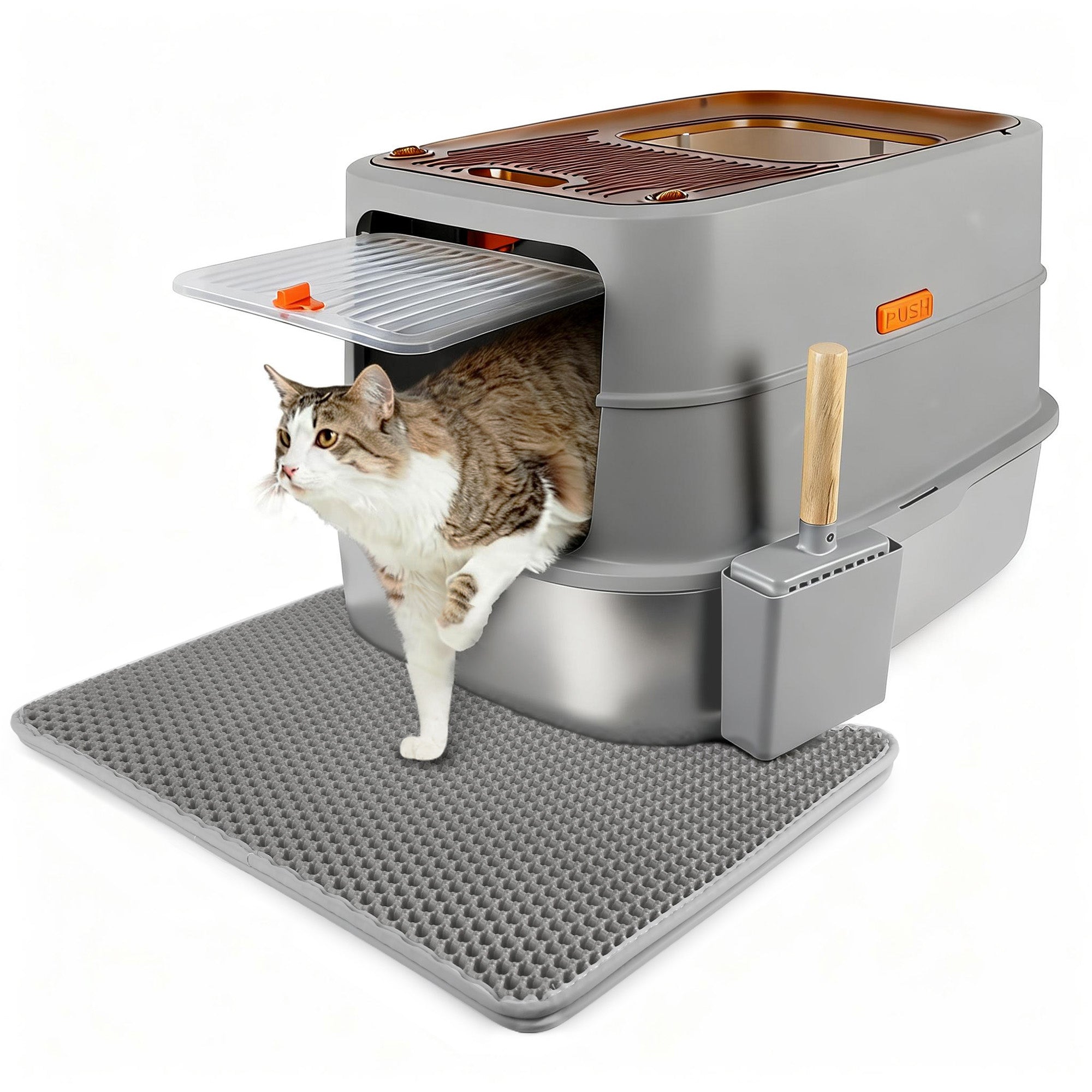 Go Fresh - Cat Litter Box - 2 Entries Hooded Cat Litter Box With Stainless Steel Base
