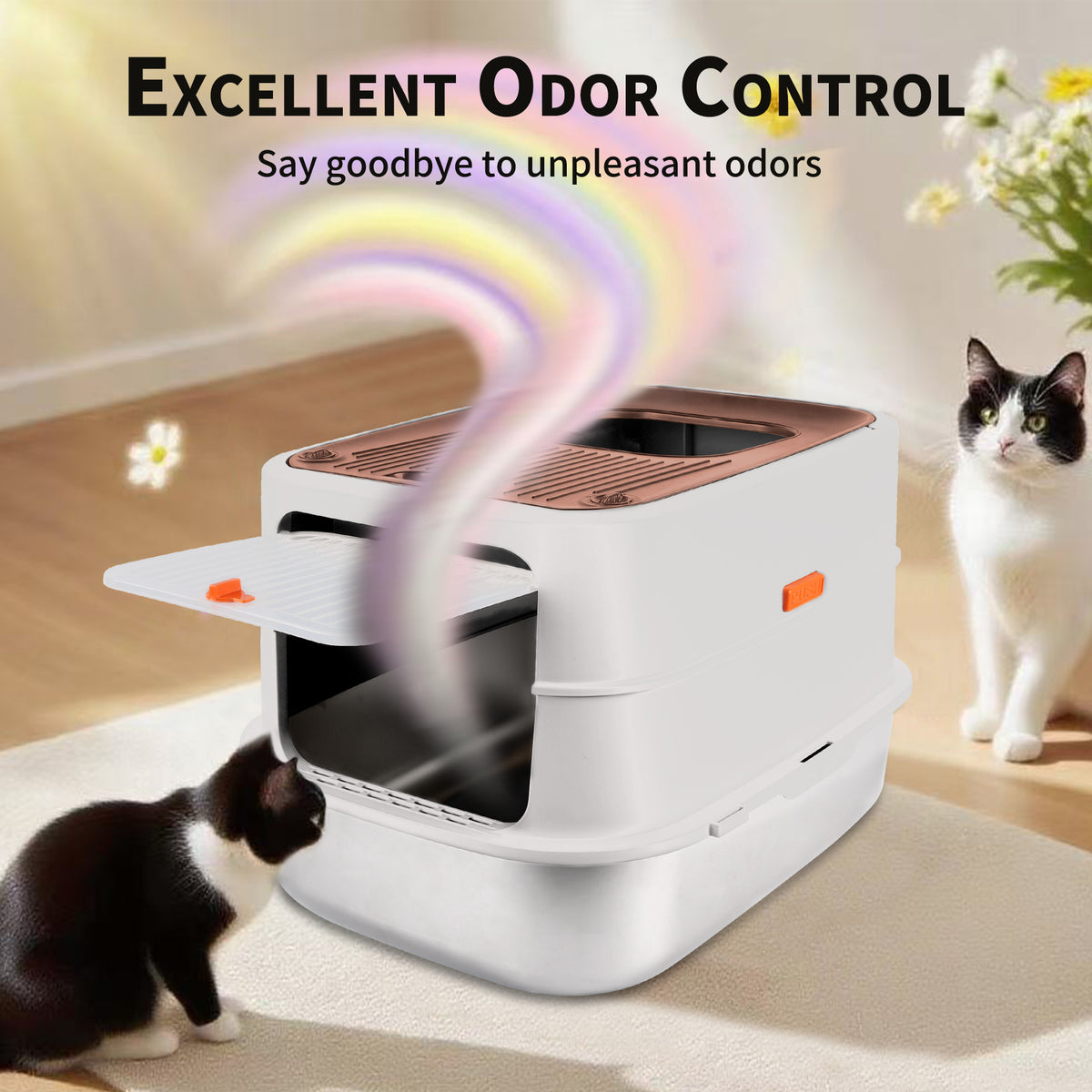 Go Fresh - Cat Litter Box - 2 Entries Hooded Cat Litter Box With Stainless Steel Base