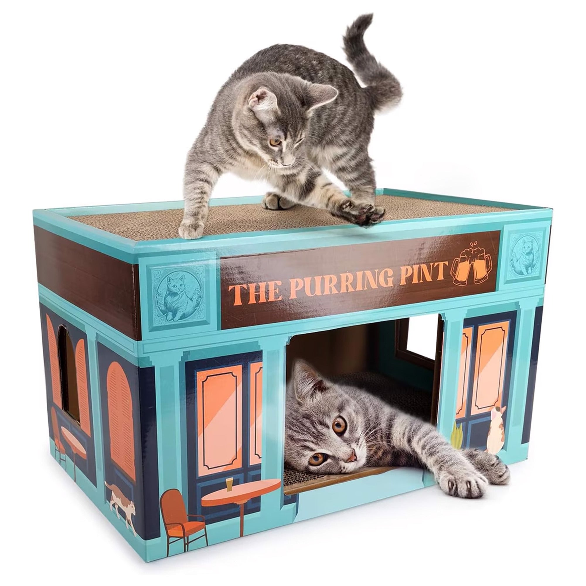 Cat playing on a 'The Purring Pint' themed cat house with another cat inside.