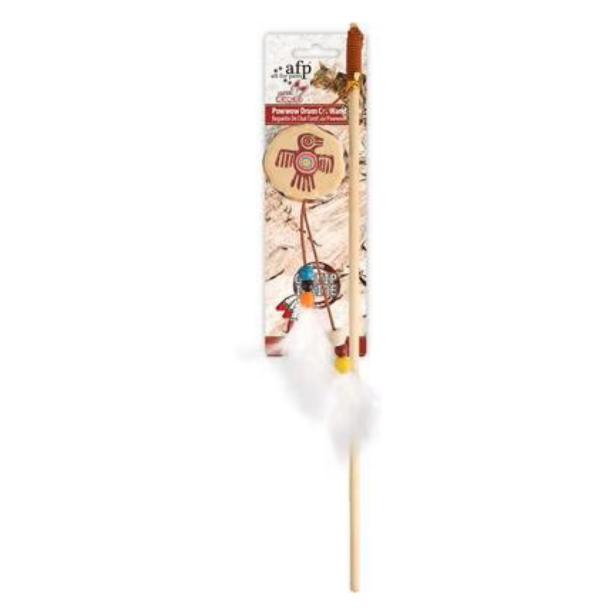 A Native American style feather dreamcatcher on a wooden stick, shown in its retail packaging against a white background.