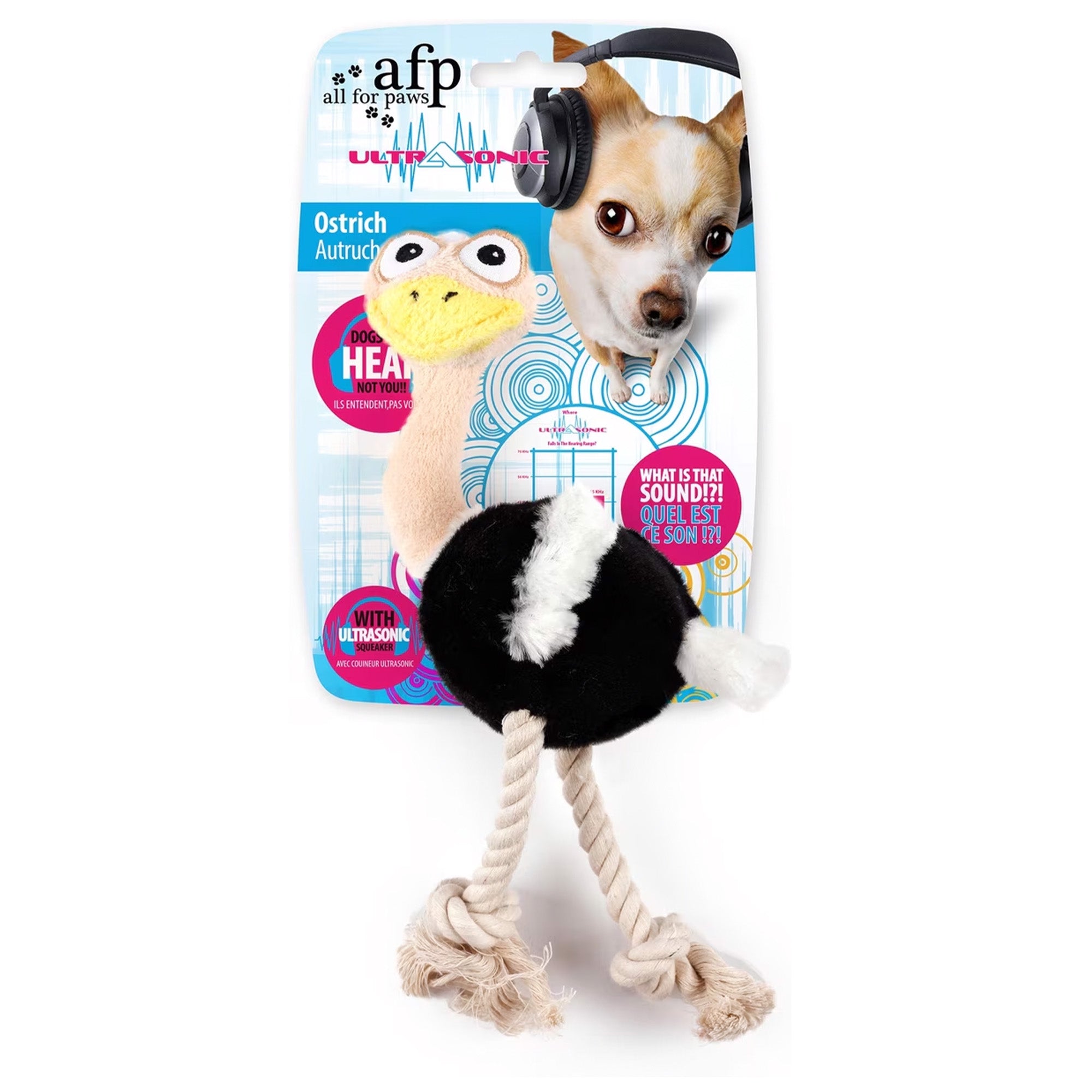 Dog toy shaped like an ostrich with a rope, featuring a dog and ostrich illustration on the packaging.