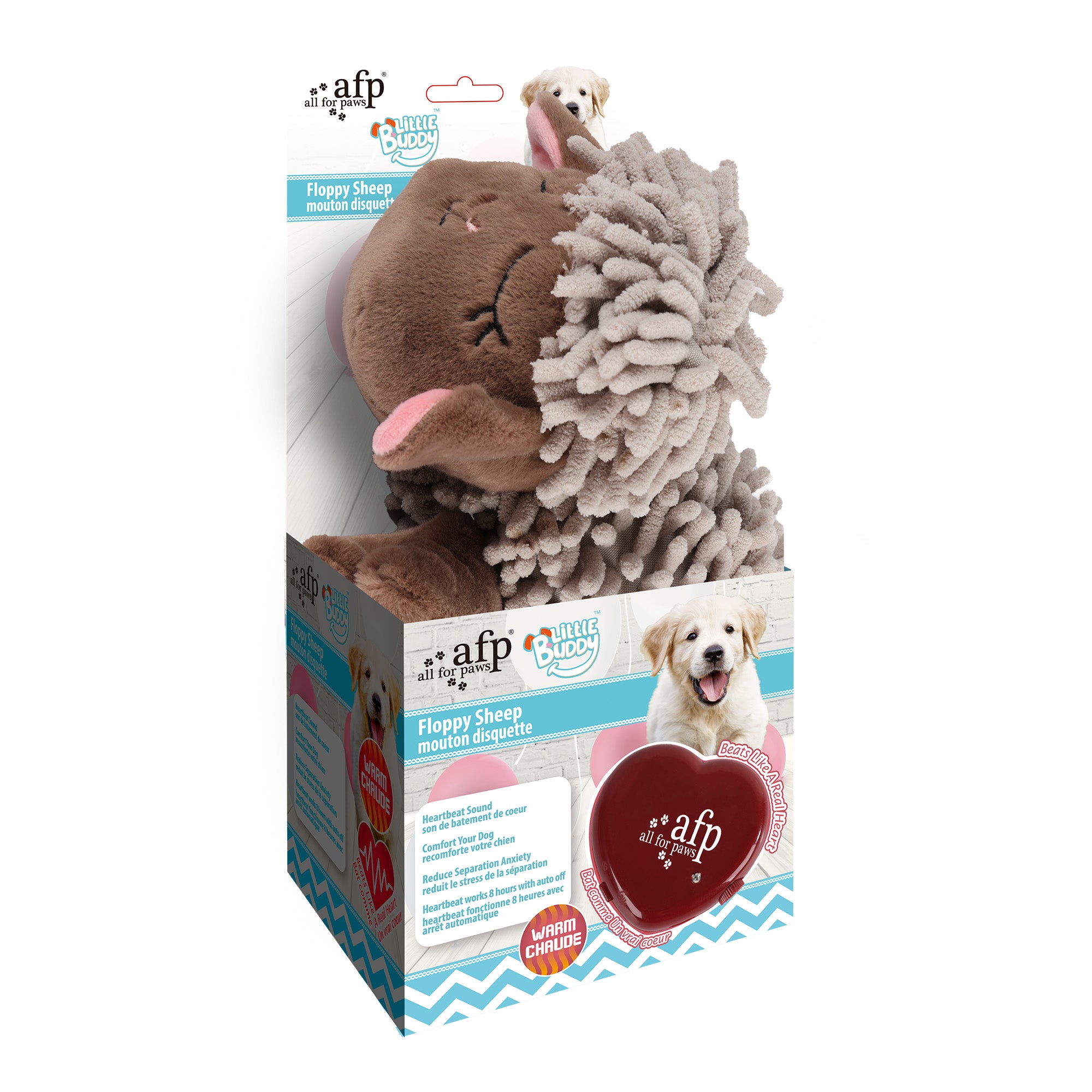 Dog toy with plush sheep and bear in packaging, featuring AFP logo.