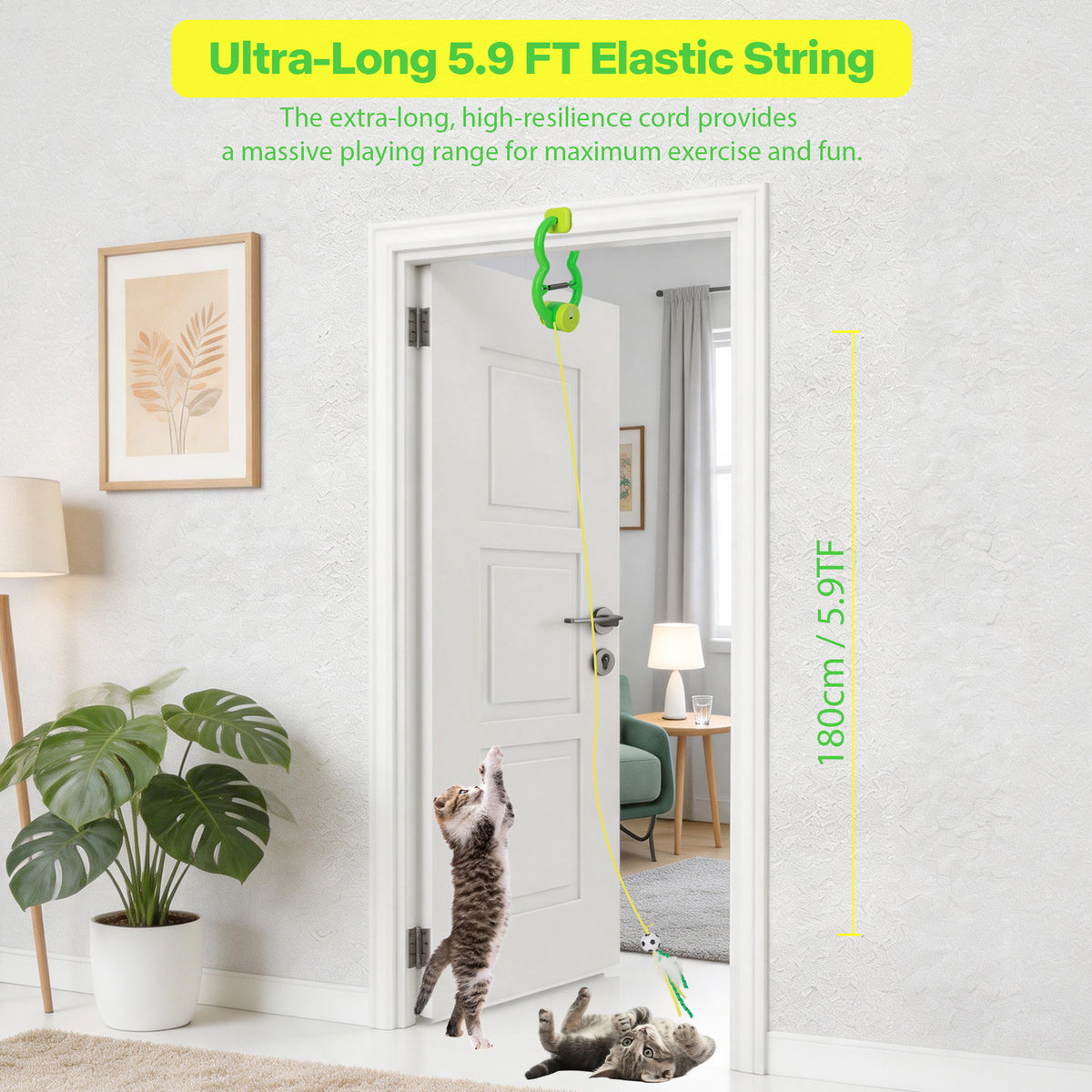 Cat playing with an elastic string toy indoors, with text about its length and benefits.