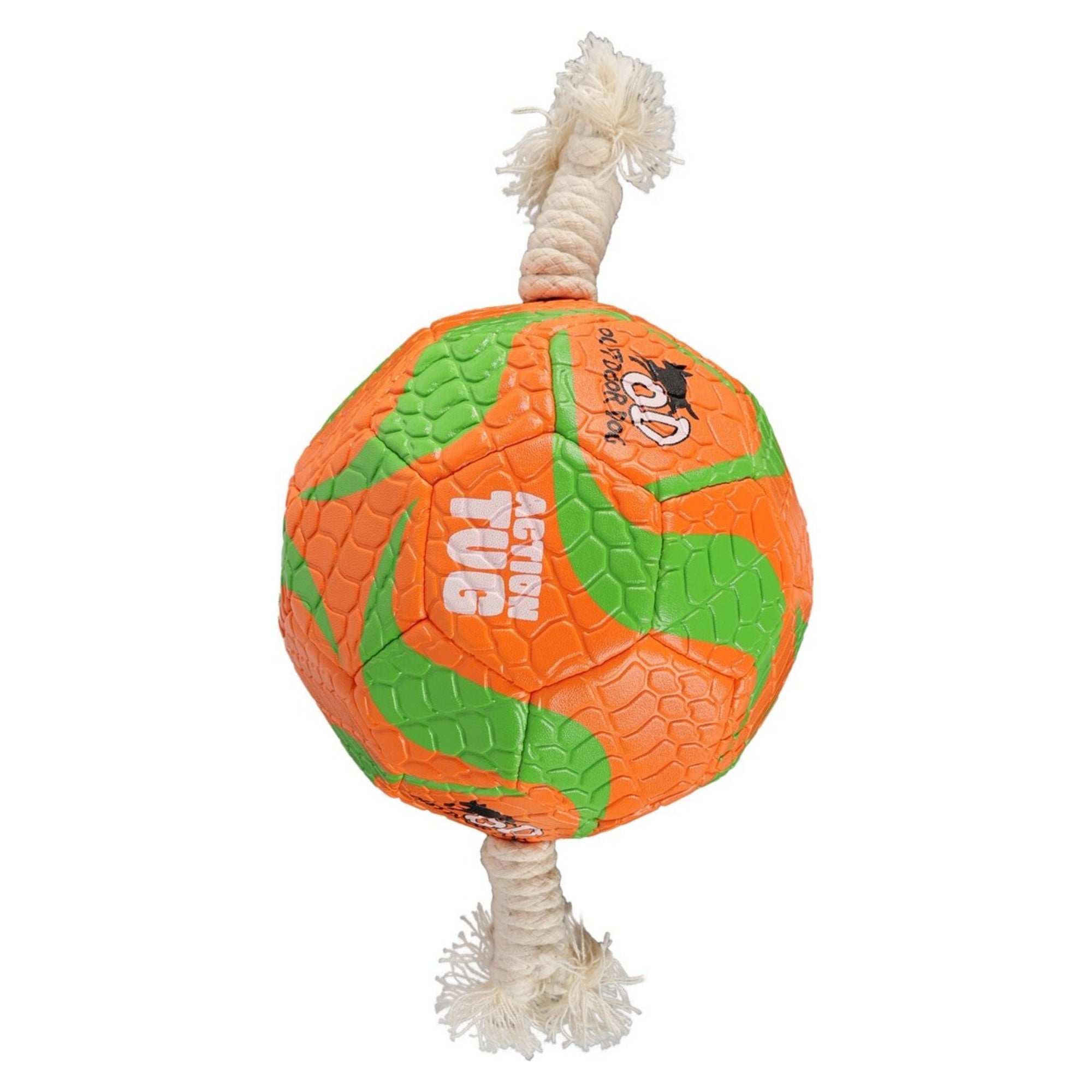 An orange and green textured rubber dog toy ball with white rope tassel ends, featuring the text 'ACTION TUG' and a cartoon tiger logo.