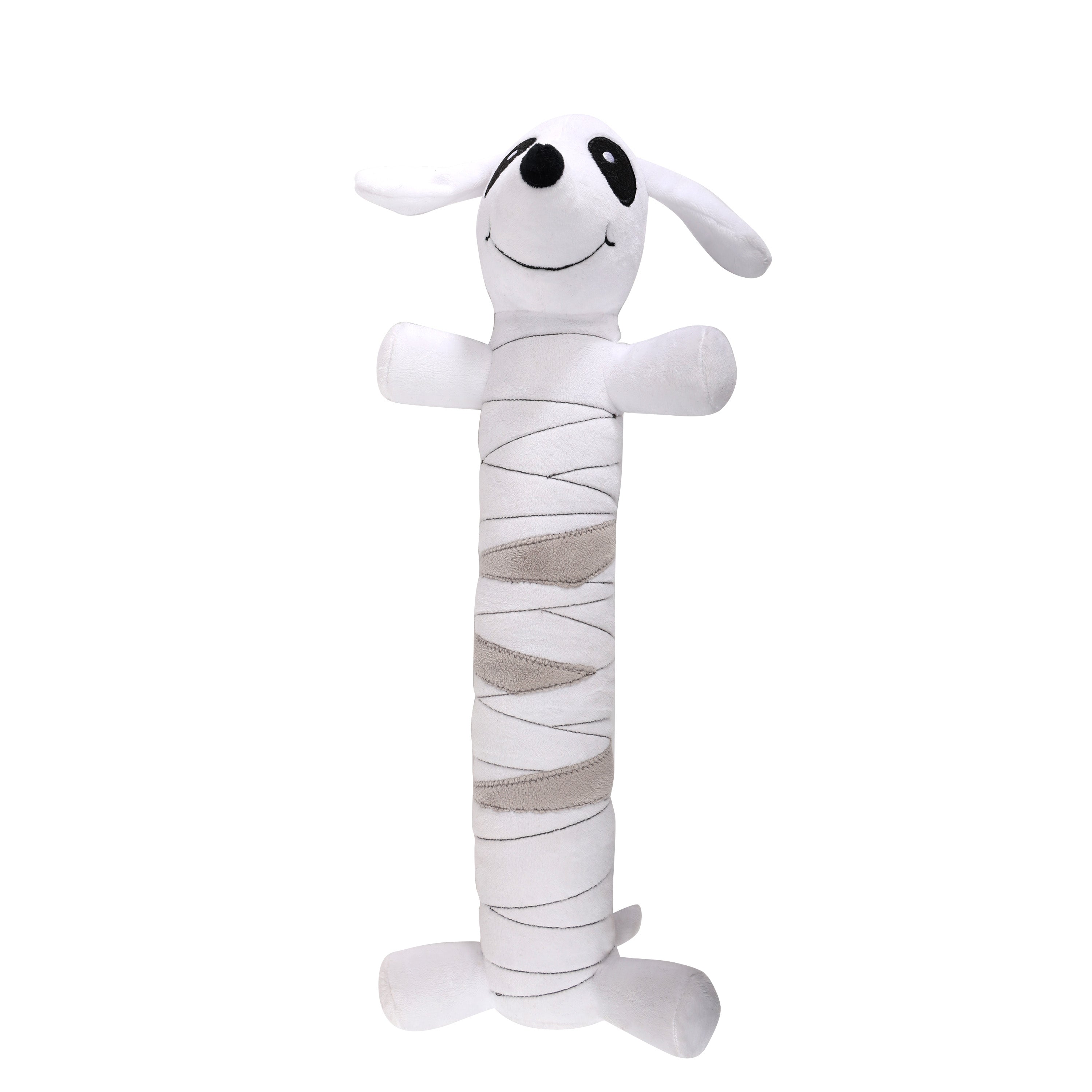 Dog toy shaped like a mummy on a white background