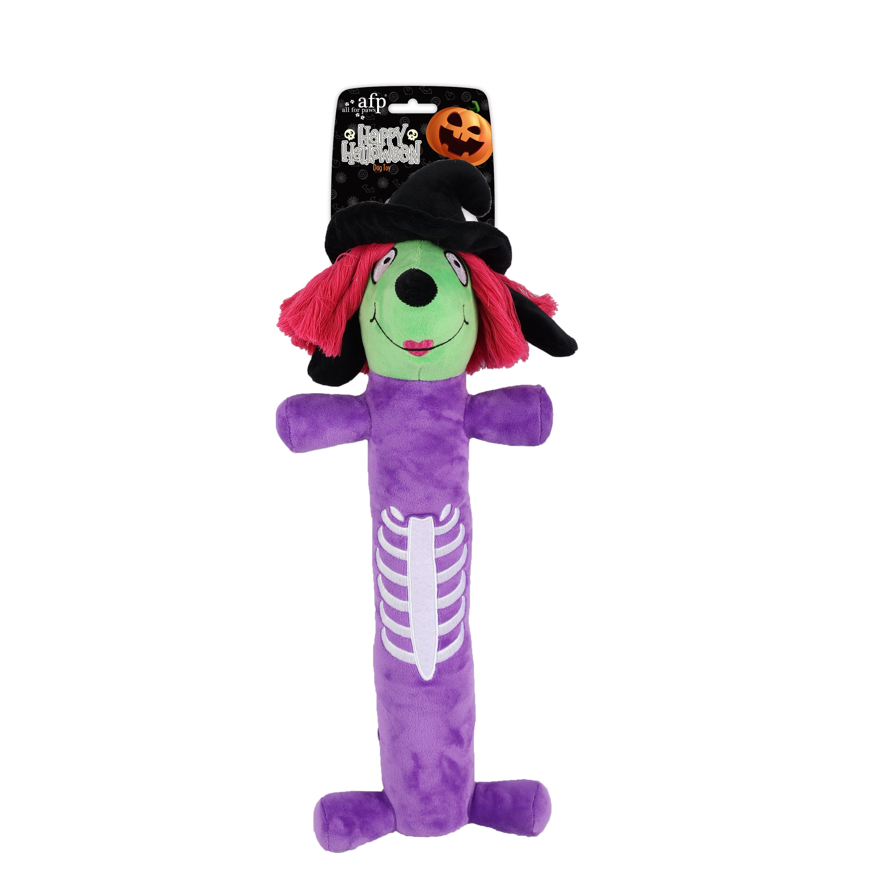 Halloween-themed plush toy with skeleton design on a white background