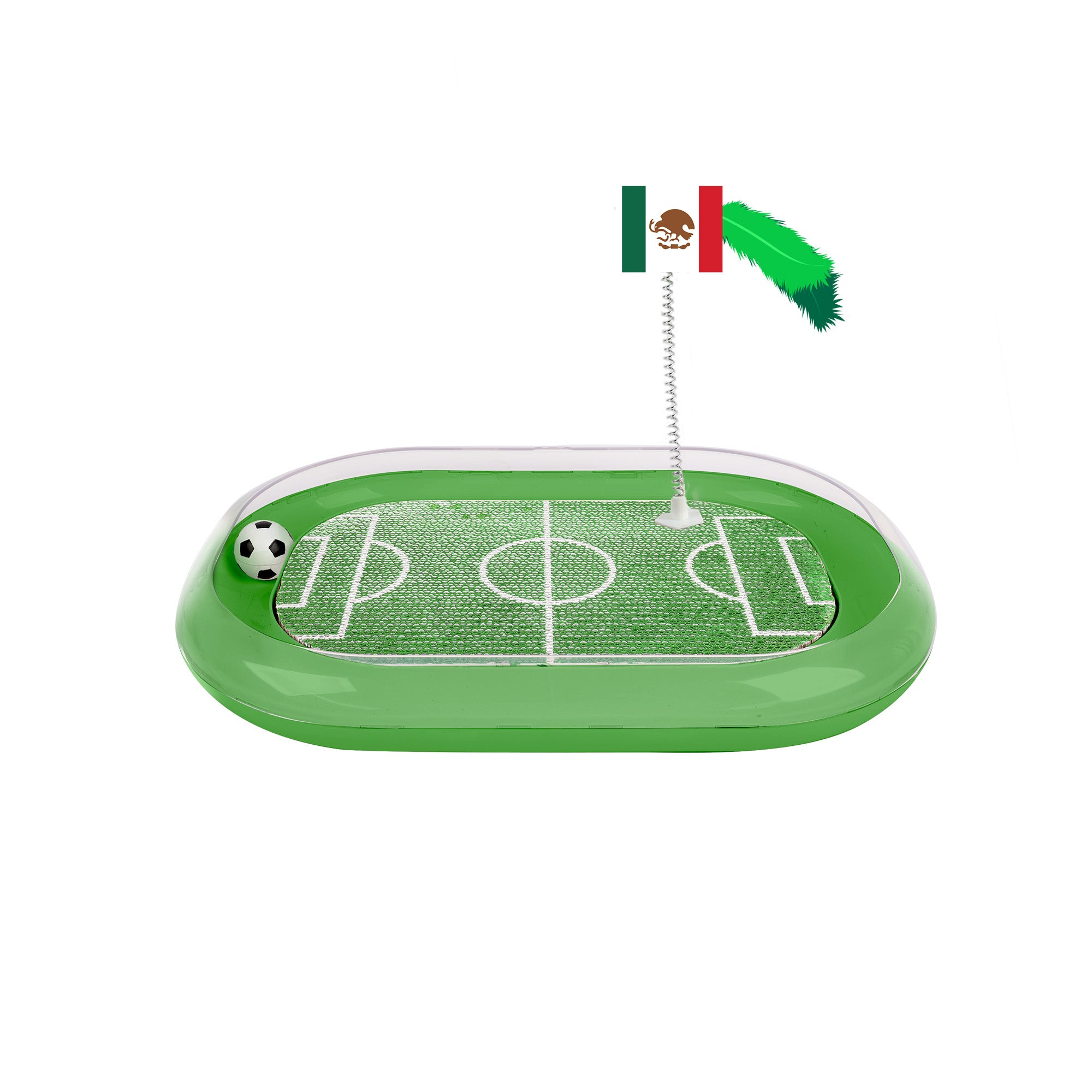 Miniature soccer field with goal and ball on a white background