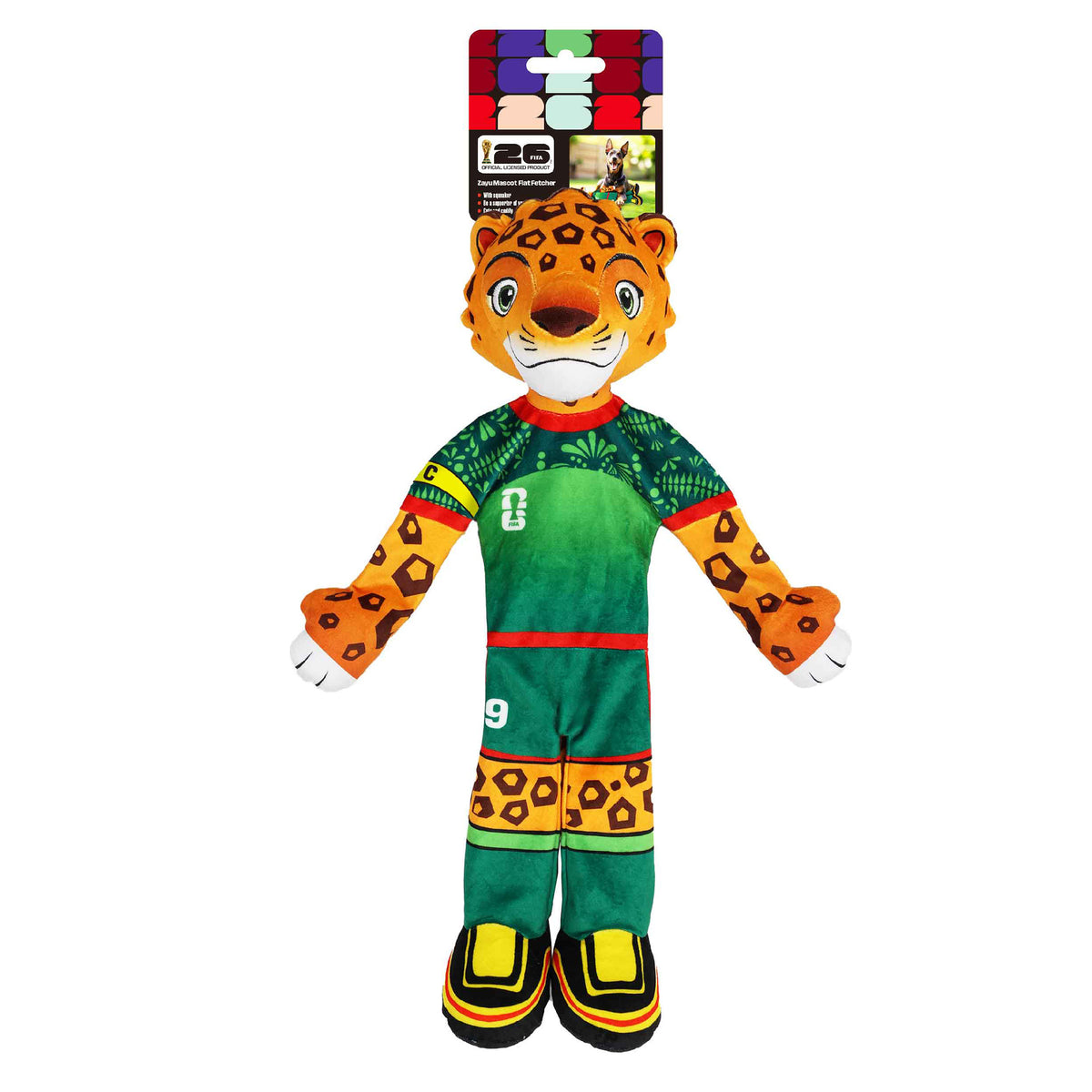 Plush toy leopard in a green outfit with a colorful packaging on a white background