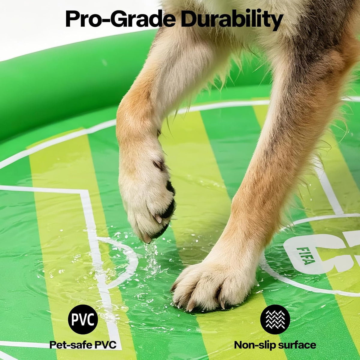 Dog paws on a green inflatable pool with text about durability and safety features.